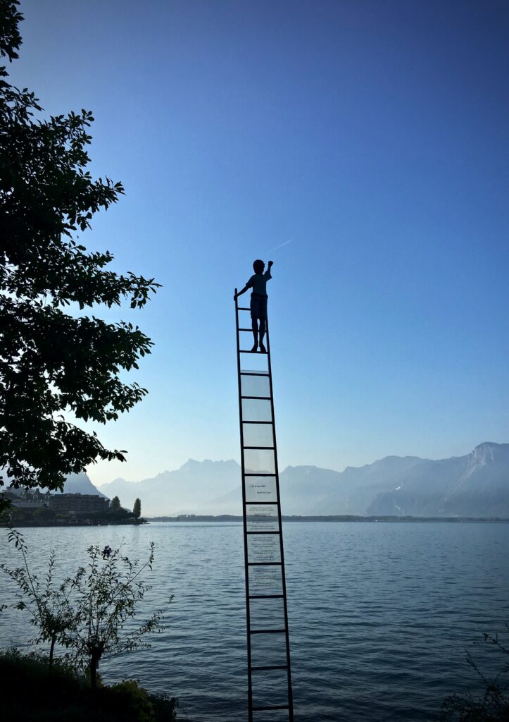 Comment tenir bon ? Une échelle plantée dans un lac, tenant en équilibre, avec une personne (statue?) juchée tout en haut et saluant de la main