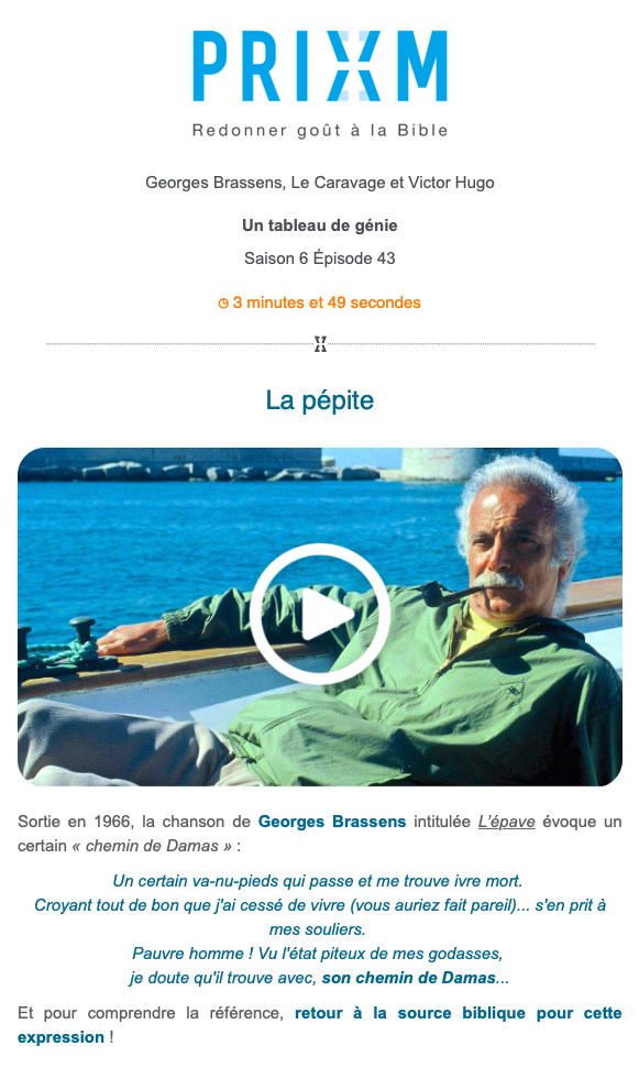 Extrait de la newsletter PRIXM du 29 juillet 2022 (capture d'écran) avec la chanson "L'épave" chantée par Georges Brassens