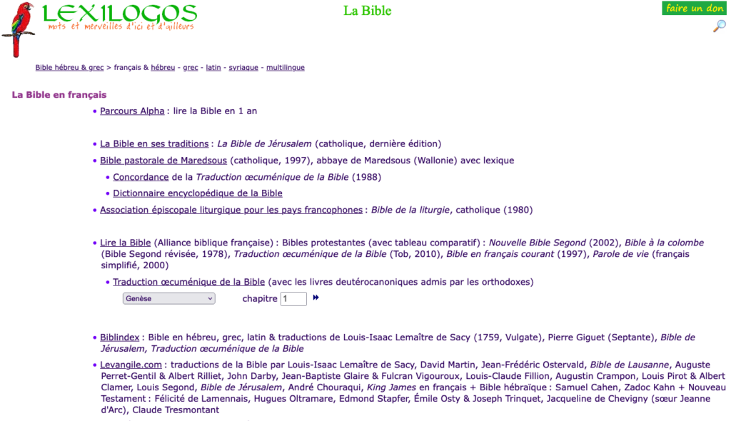 Page du site lexilogos donnant la liste des ressources des Bibles en français pour étudier la Bible avec lexilogos
