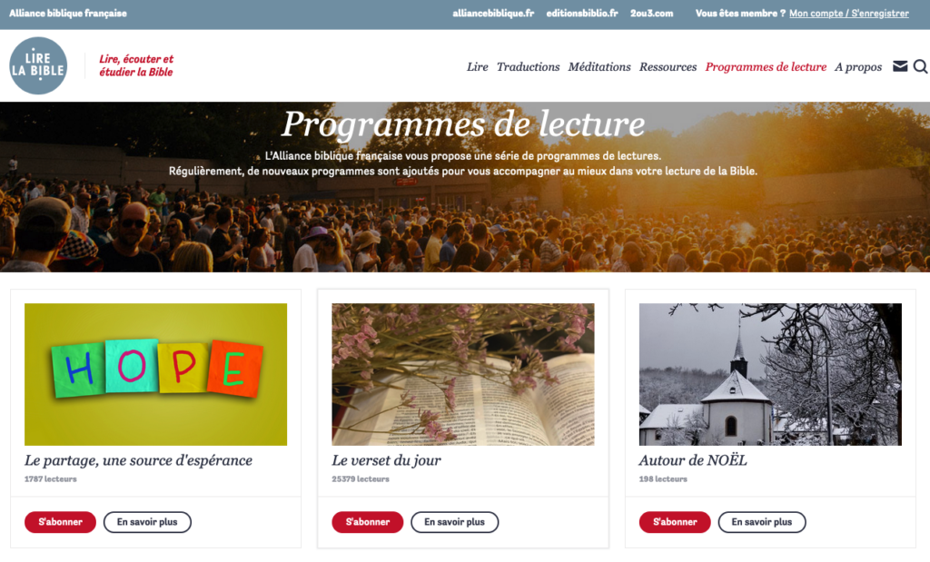 Capture d'écran de la page "programmes de lecture" du site lire.la-bible.net 